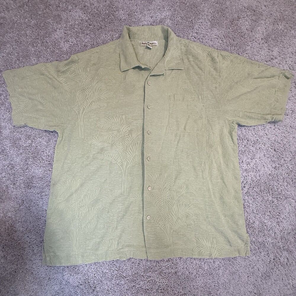 Tommy Bahama Shirt Mens XL Silk Hawaiian Palm Tree Embossed Green